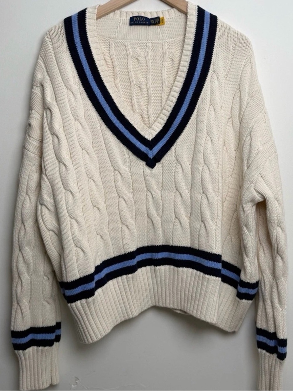 Polo by Ralph Lauren Cream Cable Knit V-Neck Sweater with Blue & Navy Trim